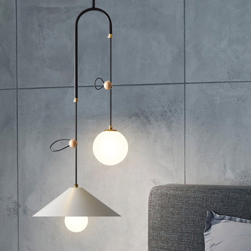 Orb Opal Glass Multi Light Pendant Modernism 2 Bulbs White/Black Pendulum Lamp with 1-Cone Iron Shade, 10"/14" Wide