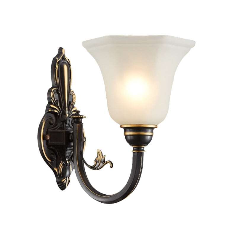 Curved Arm Corridor Wall Lamp Traditional Metal 1/2-Head Brass/Black and Gold Sconce Light with Flared Frosted Glass Shade