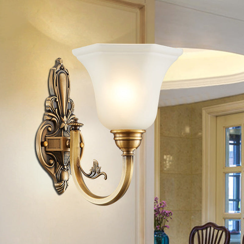 Curved Arm Corridor Wall Lamp Traditional Metal 1/2-Head Brass/Black and Gold Sconce Light with Flared Frosted Glass Shade