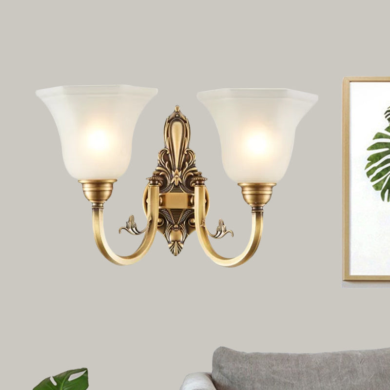 Curved Arm Corridor Wall Lamp Traditional Metal 1/2-Head Brass/Black and Gold Sconce Light with Flared Frosted Glass Shade