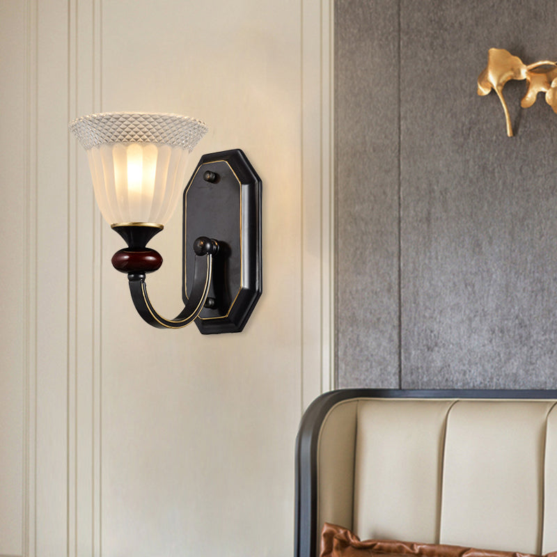 Metal Black Wall Mounted Light Curved Arm 1/2-Light Countryside Wall Lighting Fixture with Bell Clear Glass Shade