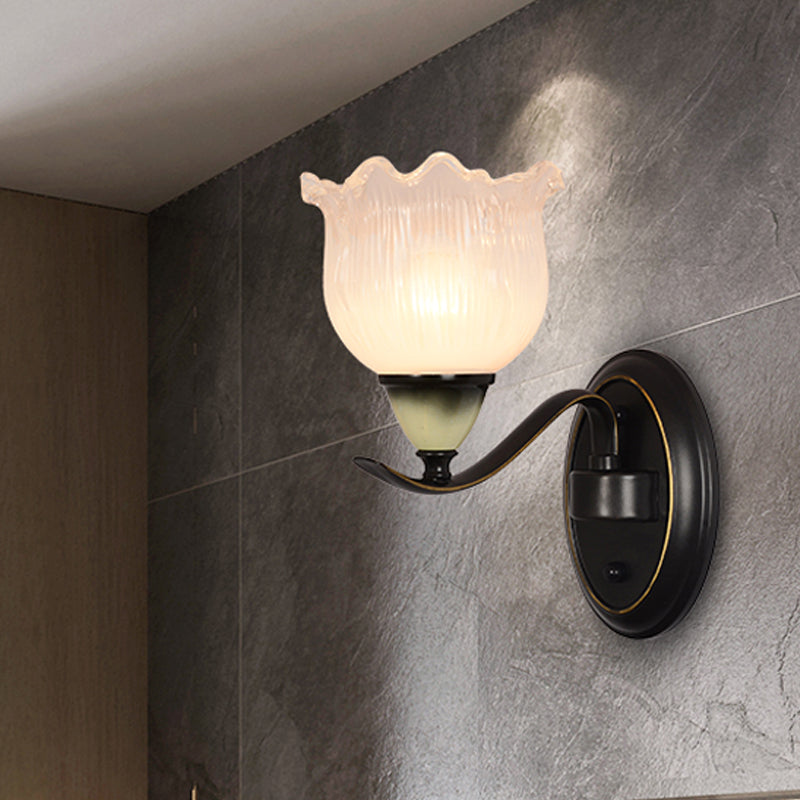 Clear Ribbed Glass Flower Sconce Lamp Countryside 1/2 Lights Living Room Wall Mounted Lighting in Black