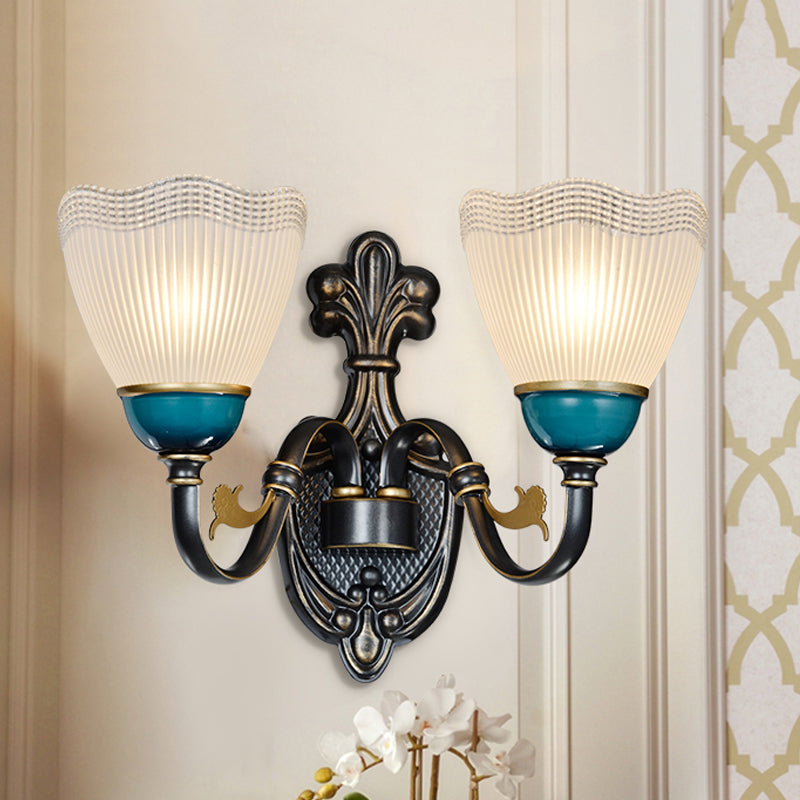 Country Twisted Arm Wall Light Fixture 1/2-Head Metal Sconce Lamp in Black and Blue with Dome Frosted Ribbed Glass Shade