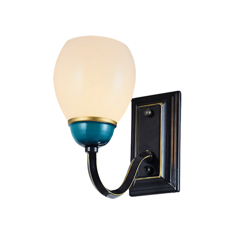 1/2-Head Globe Wall Lighting Fixture Countryside Black and Blue Opal Glass Wall Light Sconce with Curved Arm