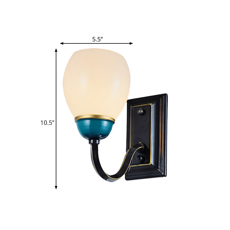 1/2-Head Globe Wall Lighting Fixture Countryside Black and Blue Opal Glass Wall Light Sconce with Curved Arm