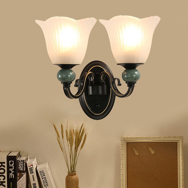 Black Flared Wall Mounted Lamp Traditional Opal Ribbed Glass 1/2-Bulb Bedroom Sconce with Swirl Arm