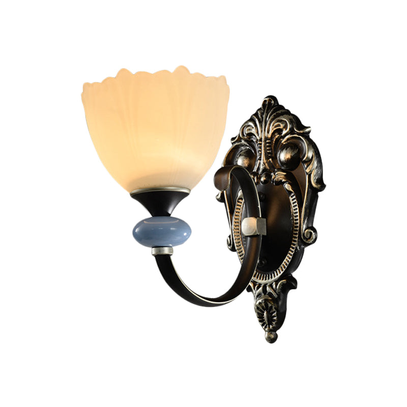 1/2-Head Wall Lamp Countryside Corridor Wall Lighting with Bowl Frosted Glass Shade in Black