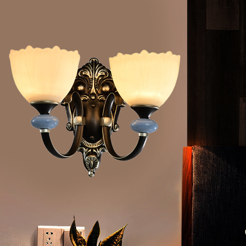 1/2-Head Wall Lamp Countryside Corridor Wall Lighting with Bowl Frosted Glass Shade in Black