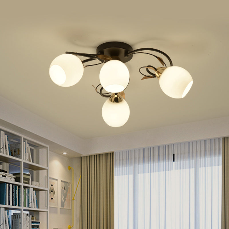 Globe White Glass Semi Flush Light Traditional 4/6/9 Lights Living Room Ceiling Mounted Fixture in Black