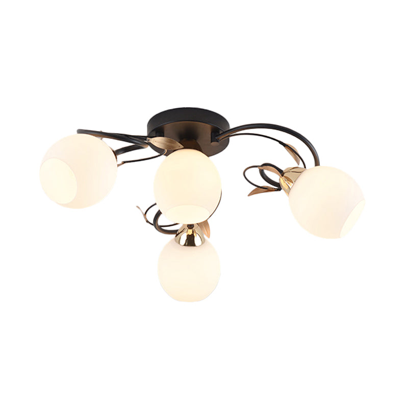 Globe White Glass Semi Flush Light Traditional 4/6/9 Lights Living Room Ceiling Mounted Fixture in Black