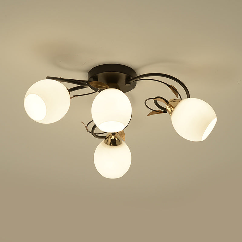 Globe White Glass Semi Flush Light Traditional 4/6/9 Lights Living Room Ceiling Mounted Fixture in Black