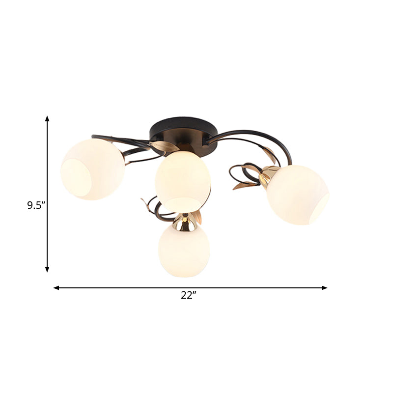 Globe White Glass Semi Flush Light Traditional 4/6/9 Lights Living Room Ceiling Mounted Fixture in Black