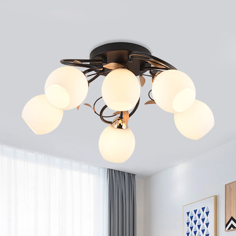 Globe White Glass Semi Flush Light Traditional 4/6/9 Lights Living Room Ceiling Mounted Fixture in Black