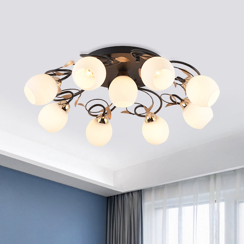 Globe White Glass Semi Flush Light Traditional 4/6/9 Lights Living Room Ceiling Mounted Fixture in Black