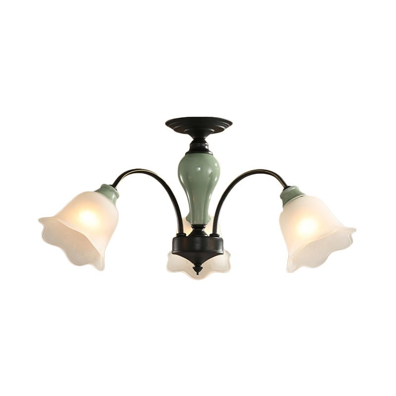 Black Flower Semi Flush Countryside Frosted Glass 3/6/8 Heads Living Room Ceiling Mount with Curved Arm
