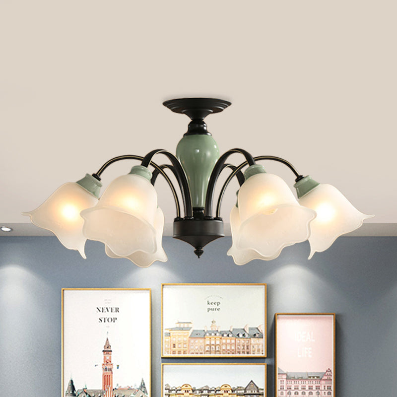 Black Flower Semi Flush Countryside Frosted Glass 3/6/8 Heads Living Room Ceiling Mount with Curved Arm