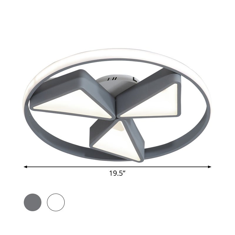Iron Windmill Ceiling Flushmount Lamp Nordic Grey/White LED Flush Light Fixture with Out Glow Ring in Warm/White Light