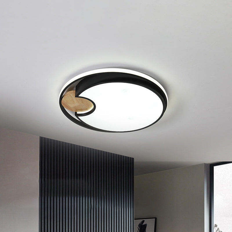 Thin Round Acrylic Flush Mount Simplicity Black LED Ceiling Light in Black with Wood Accent