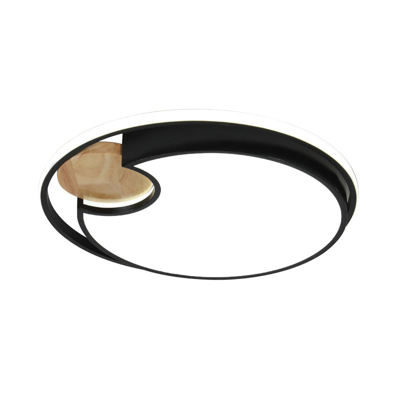 Thin Round Acrylic Flush Mount Simplicity Black LED Ceiling Light in Black with Wood Accent