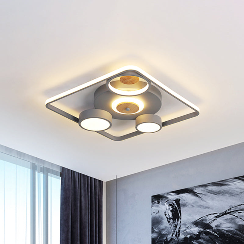 Grey Square Flush Ceiling Light Nordic Iron LED Flush Mount Lighting Fixture with Wood Accent