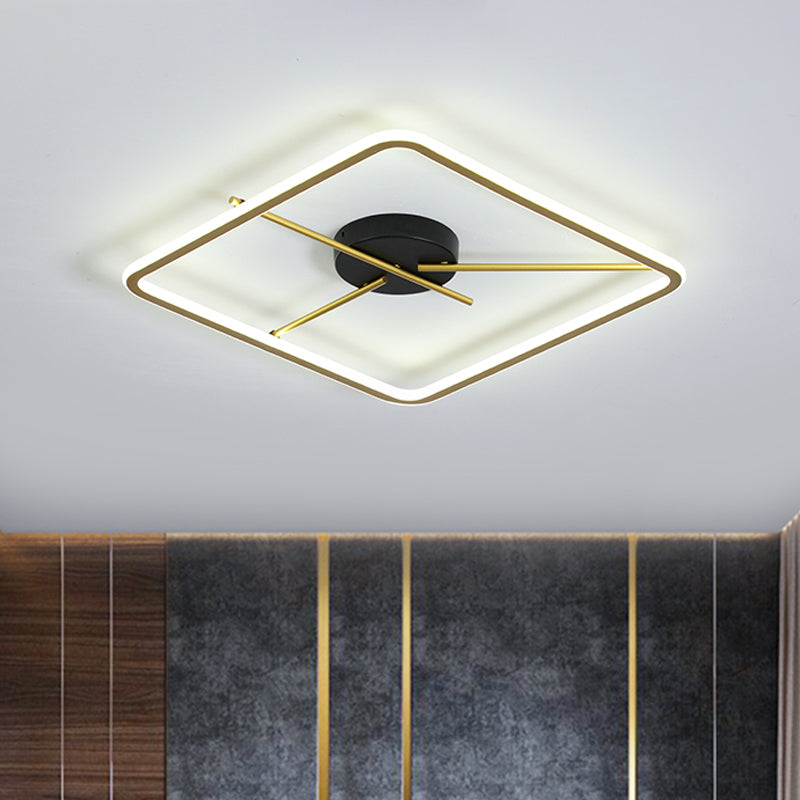 Black-Gold Square Frame Thin Flush Mount Minimalist Aluminum LED Close to Ceiling Light with Rod Fixture Arm in Warm/White Light