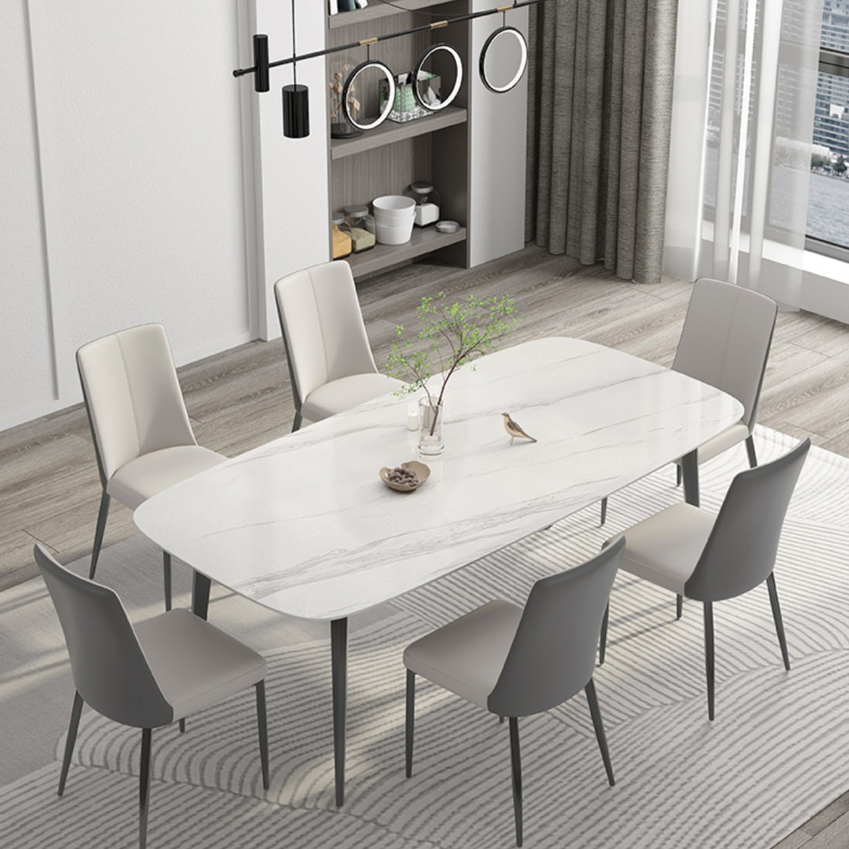 White Contemporary Rectangular Stone Dining Table with Steel Base