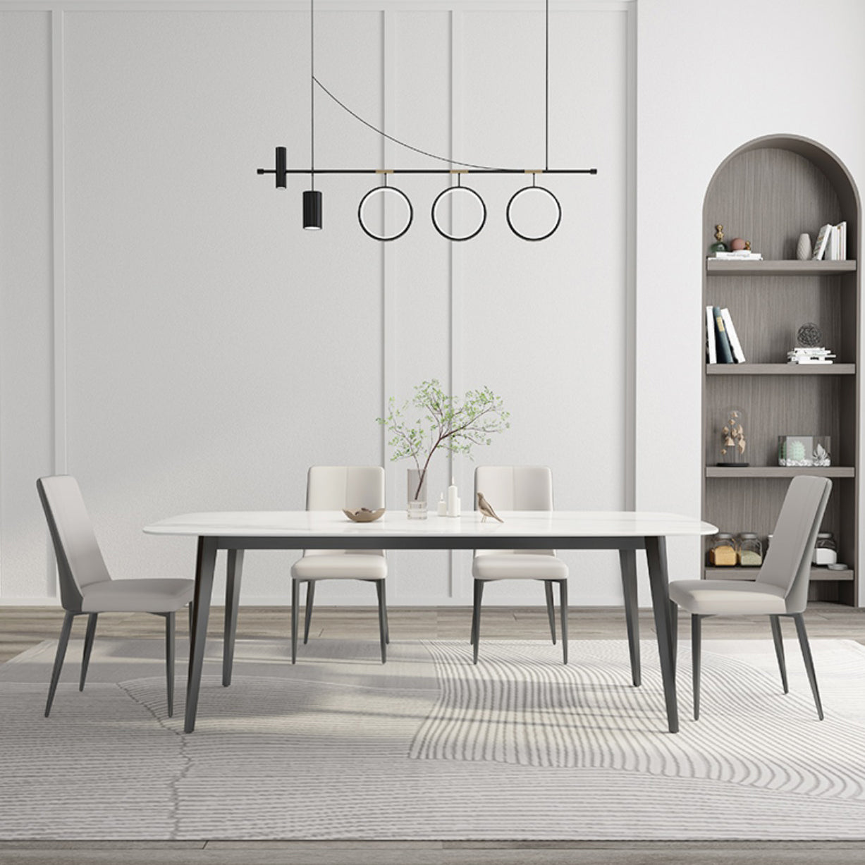 White Contemporary Rectangular Stone Dining Table with Steel Base