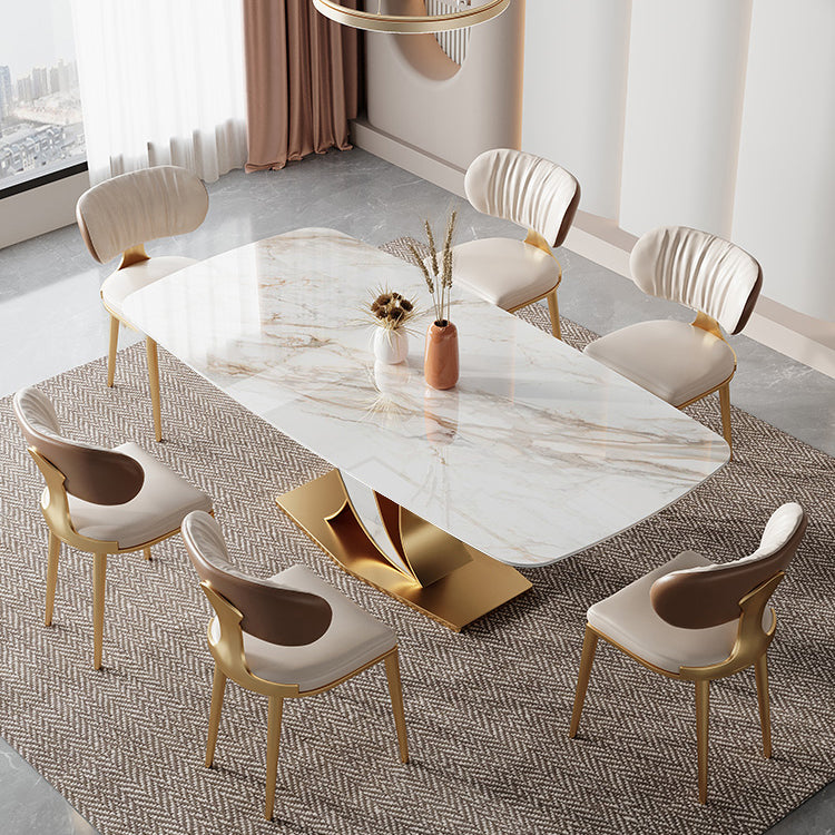 Luxury Rectangular White Stone Top Dining Table with Gold & White Metal X-Base