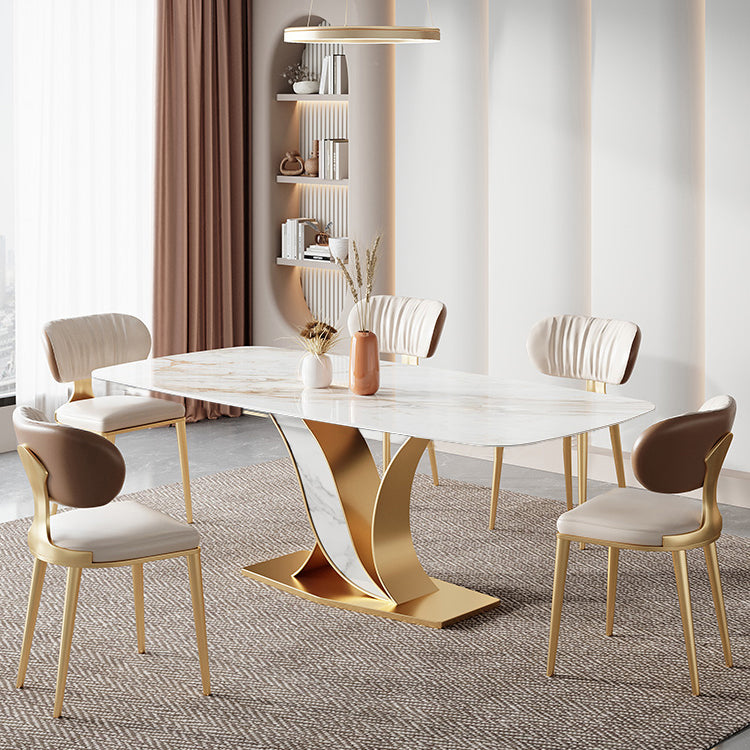 Luxury Rectangular White Stone Top Dining Table with Gold & White Metal X-Base