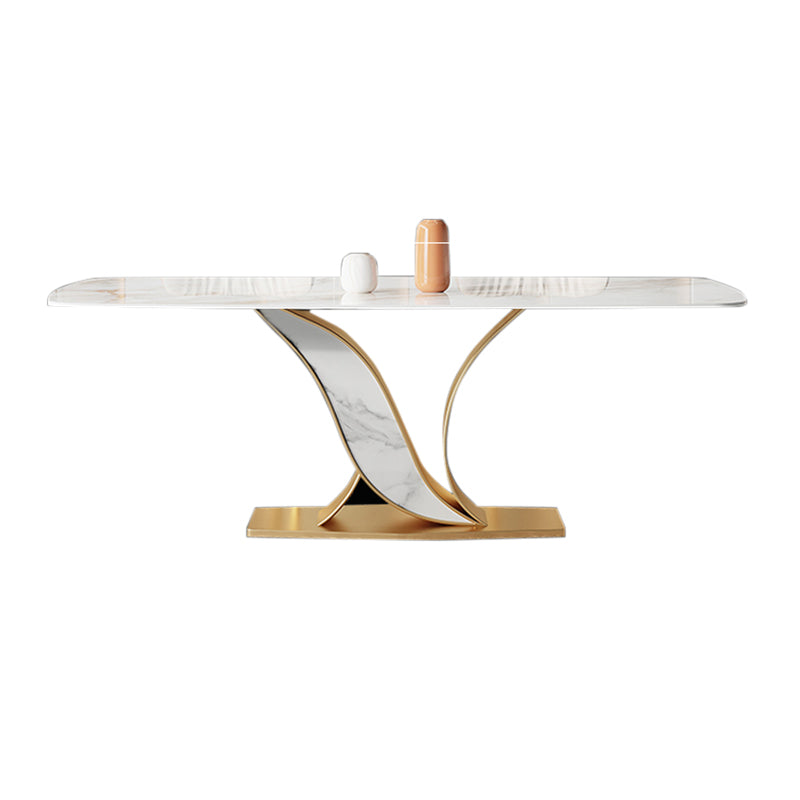 Luxury Rectangular White Stone Top Dining Table with Gold & White Metal X-Base