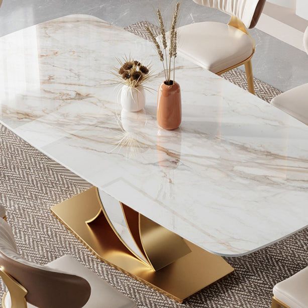 Luxury Rectangular White Stone Top Dining Table with Gold & White Metal X-Base