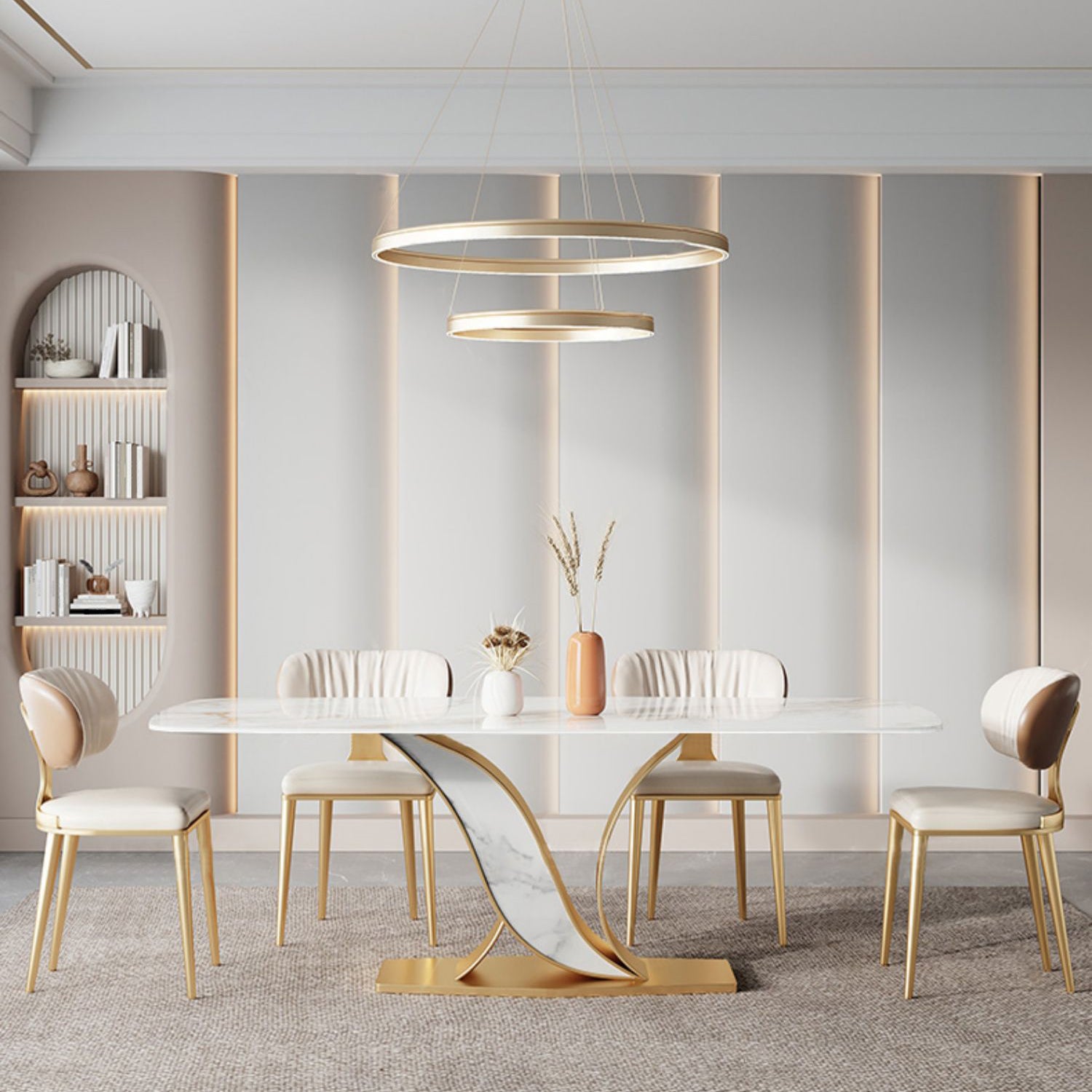 Luxury Rectangular White Stone Top Dining Table with Gold & White Metal X-Base