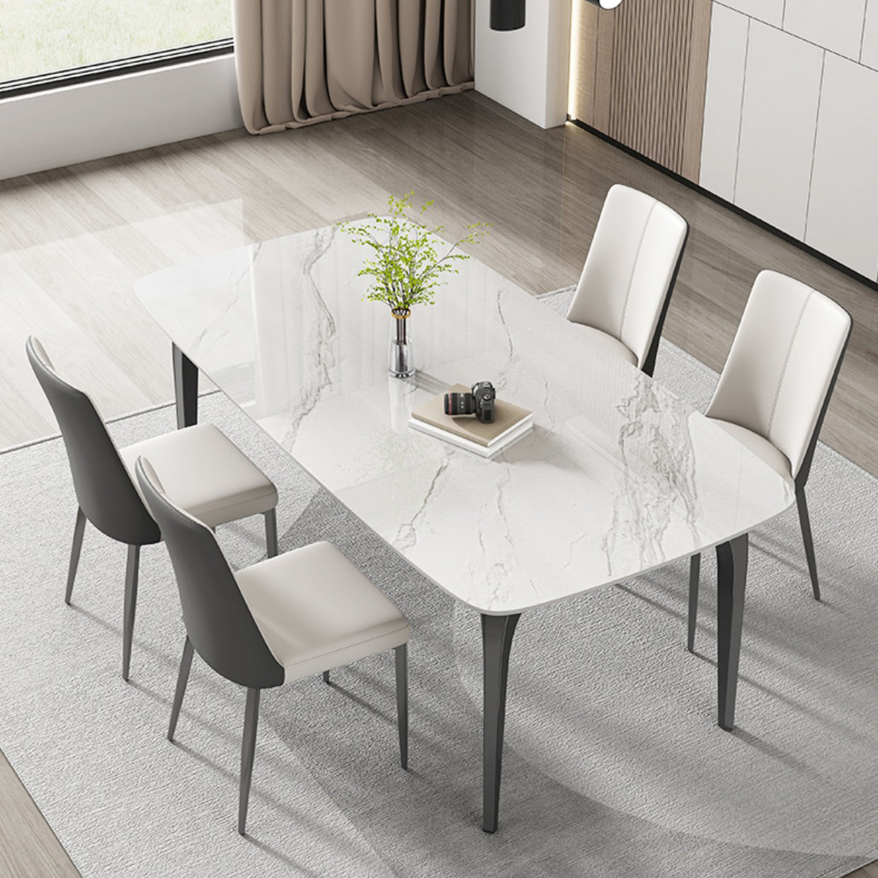 Contemporary White Rectangular Stone Dining Table with 4 Legs
