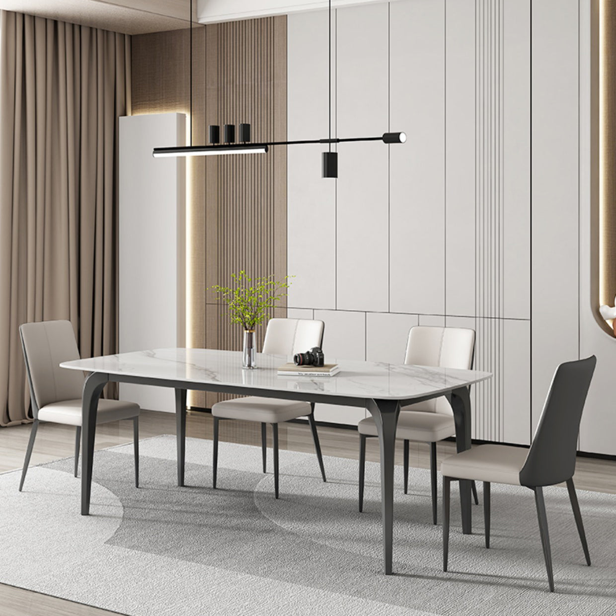 Contemporary White Rectangular Stone Dining Table with 4 Legs