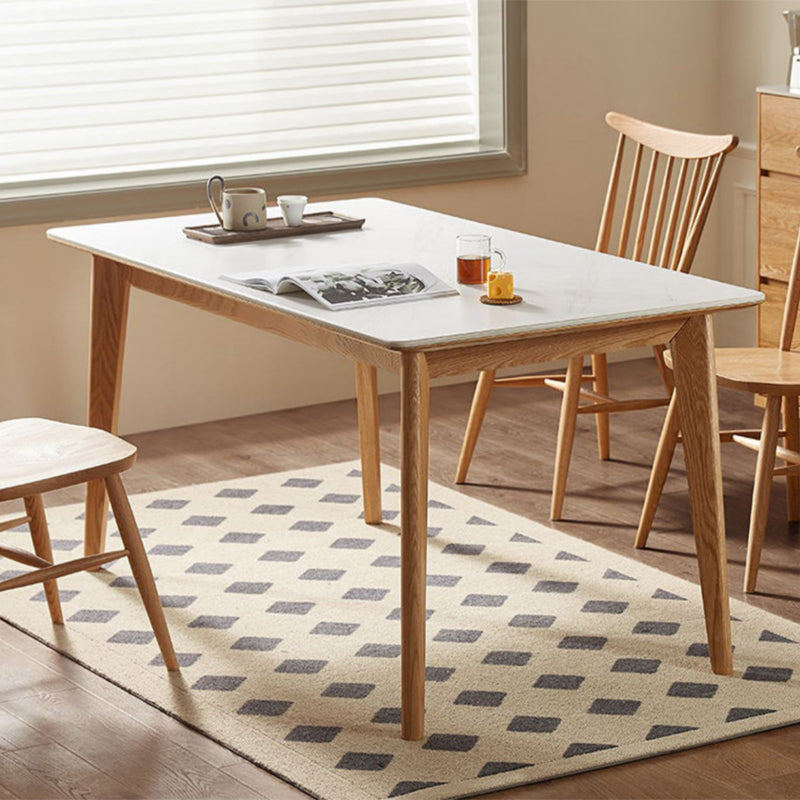Modern Rectangular White Stone Top Dining Table with 4 Natural Oak Legs