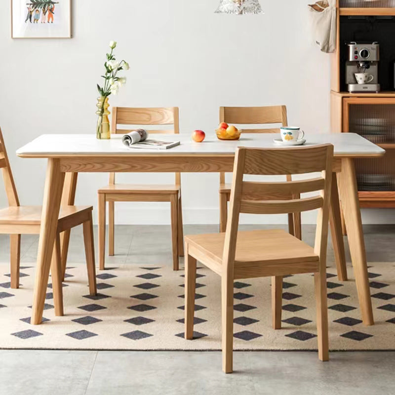 Modern Rectangular White Stone Top Dining Table with 4 Natural Oak Legs