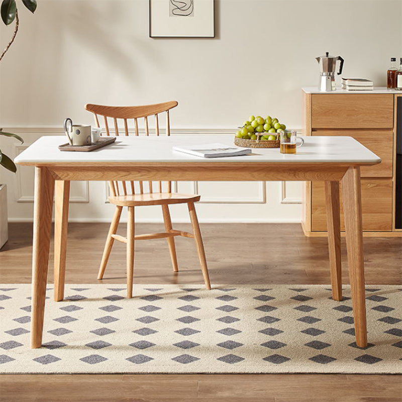 Modern Rectangular White Stone Top Dining Table with 4 Natural Oak Legs