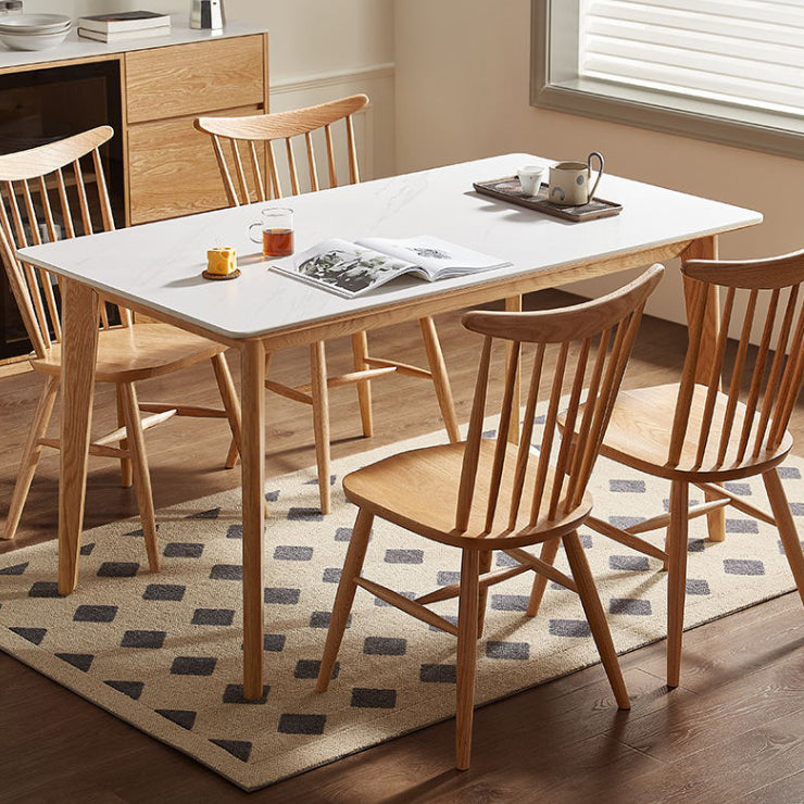 Modern Rectangular White Stone Top Dining Table with 4 Natural Oak Legs