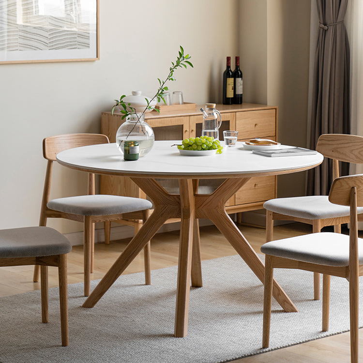 Modern White Stone Top Wood Base Space Saving Dining Table for 6 People