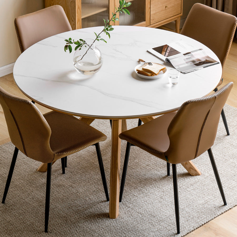 Modern White Stone Top Wood Base Space Saving Dining Table for 6 People