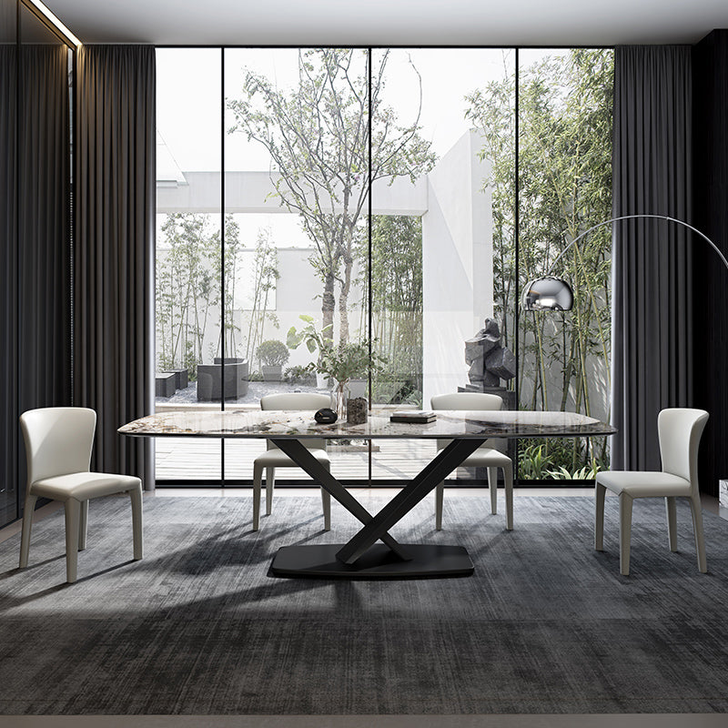 Modern Rectangular White Top Dining Table with Black Metal X-Base