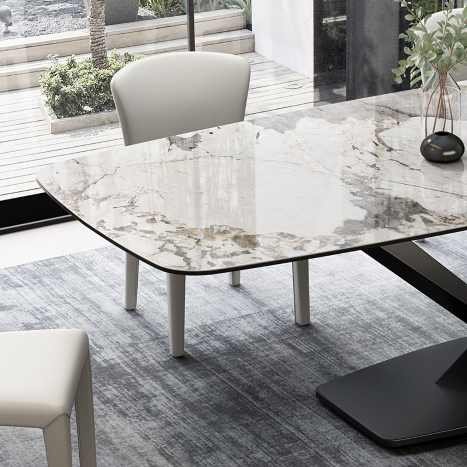 Modern Rectangular White Top Dining Table with Black Metal X-Base