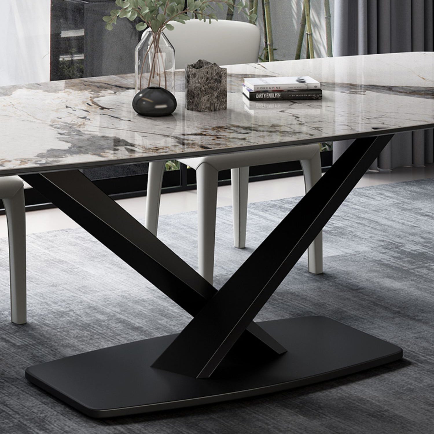 Modern Rectangular White Top Dining Table with Black Metal X-Base