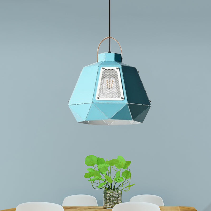 Iron Laser-Cut Kettle Pendant Lamp Macaron 1-Light Black/Grey/Blue Suspension Lighting with Mesh Screen