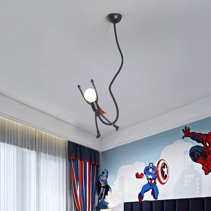 Super Hero Mini sospensione a sospensione Light fumetti in ferro singolo camera da letto lampada appesa in nero con design a bulbo esposto