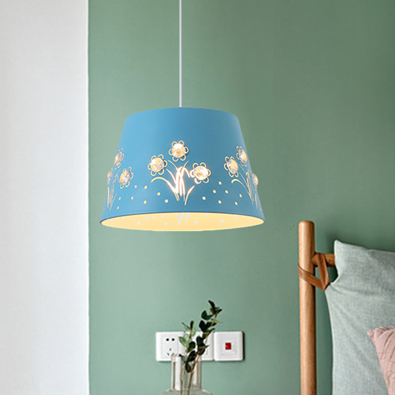 Tapered Hollowed Out Iron Pendant Nordic 1 Head Blue/Black/White Hanging Ceiling Light with Crystal Accent