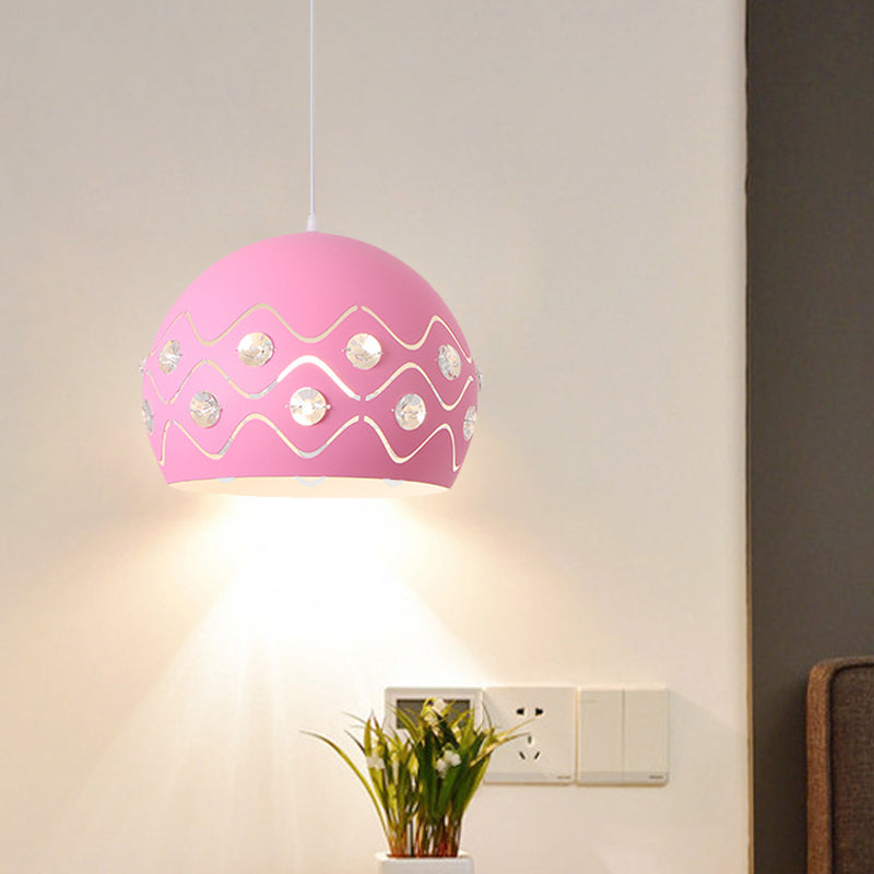 Cutouts Dome Shade Drop Pendant Macaron Iron 1-Light Pink/Blue/Green Suspension Lamp with Embedded Crystal Decor