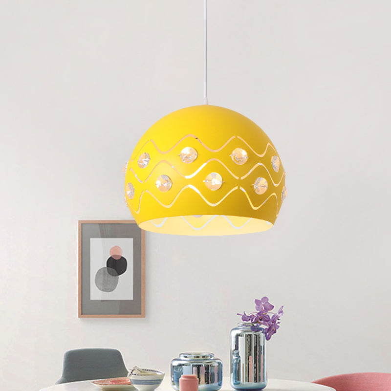 Cutouts Dome Shade Drop Pendant Macaron Iron 1-Light Pink/Blue/Green Suspension Lamp with Embedded Crystal Decor