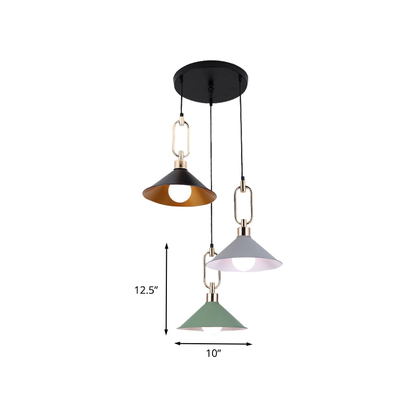 Colorful Flare Multi Light Pendant Macaron 3 Bulbs Iron Hanging Lamp with Black Round/Linear Canopy