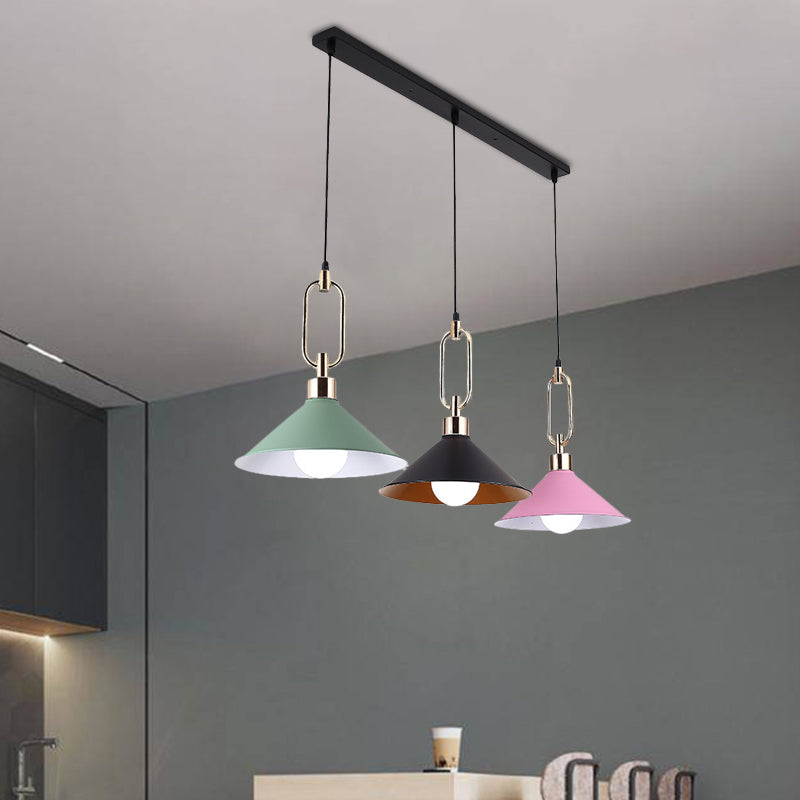 Colorful Flare Multi Light Pendant Macaron 3 Bulbs Iron Hanging Lamp with Black Round/Linear Canopy